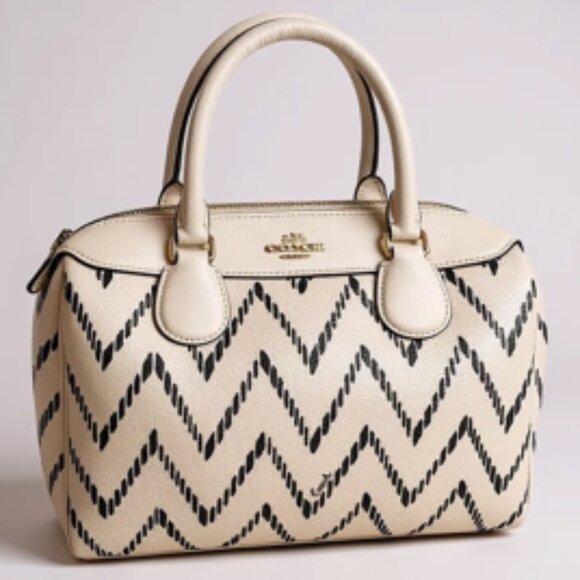 Coach Mini Bennett Satchel White Black Chevron Leather Bag Handbag - Picture 1 of 16